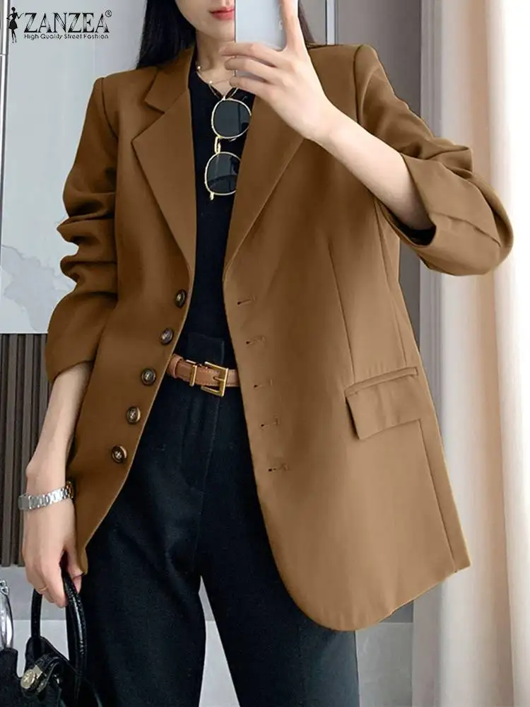 Women Long Sleeve Blazer Casual Solid Suits Outwears ZANZEA Spring Autumn Single Breasted Suits Coats Office Lady Casual Blazer