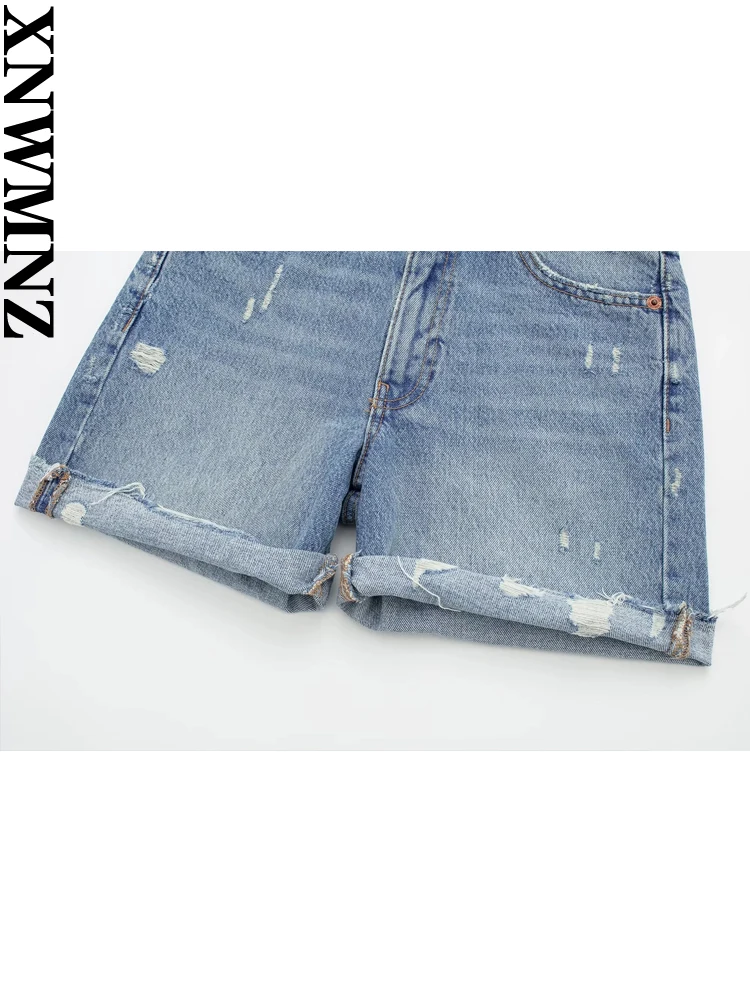 XNWMNZ Women's Fashion 2023 Bermuda Denim Shorts Women Vintage High Waist Zipper Seamless Hem Casual Female Shorts