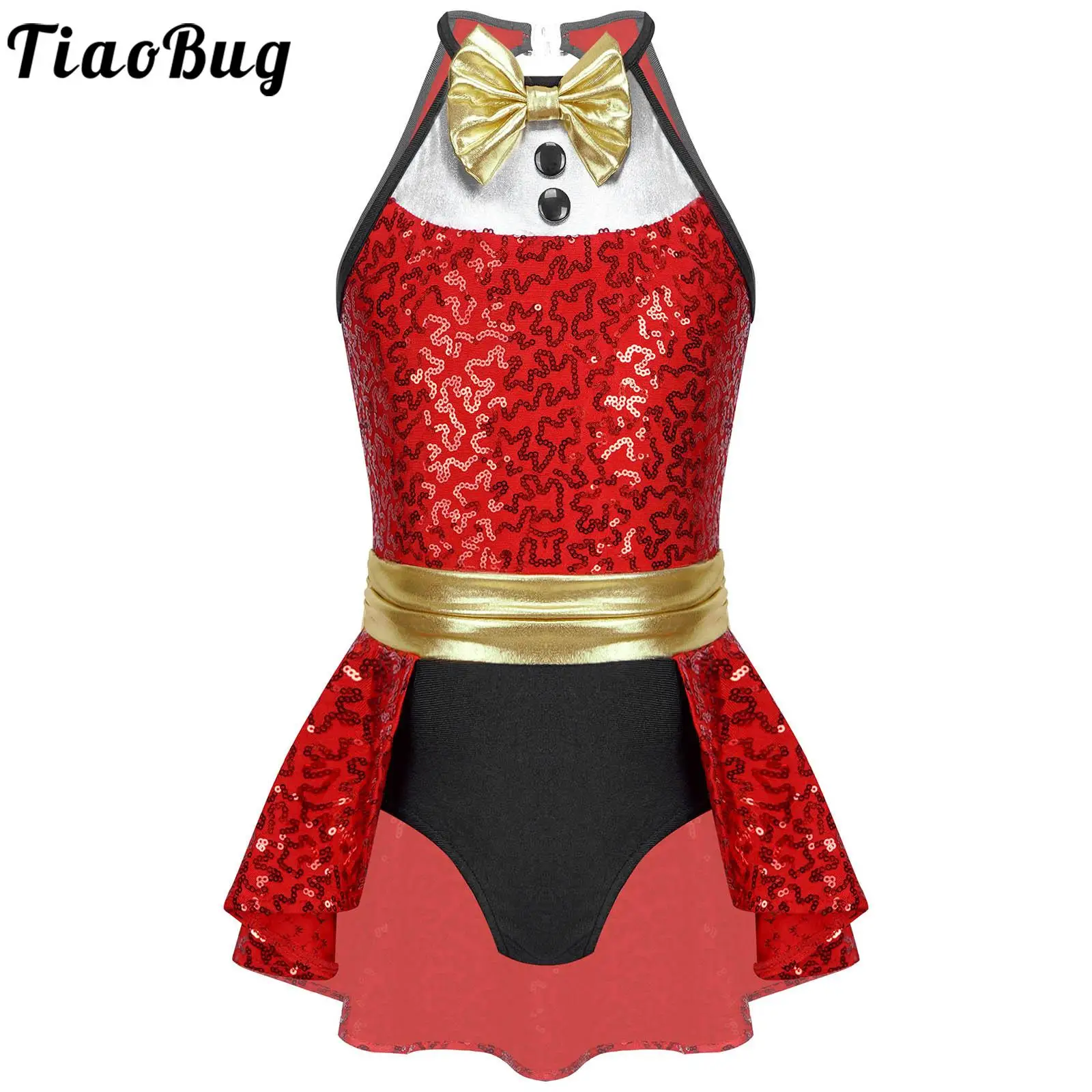 

Tiaobug Kids Girls 6-16 Christmas Dress up Jumpsuits with Bowknot Back Cutout Sequins & Bronzing Cloth Patchwork Stage Costumes