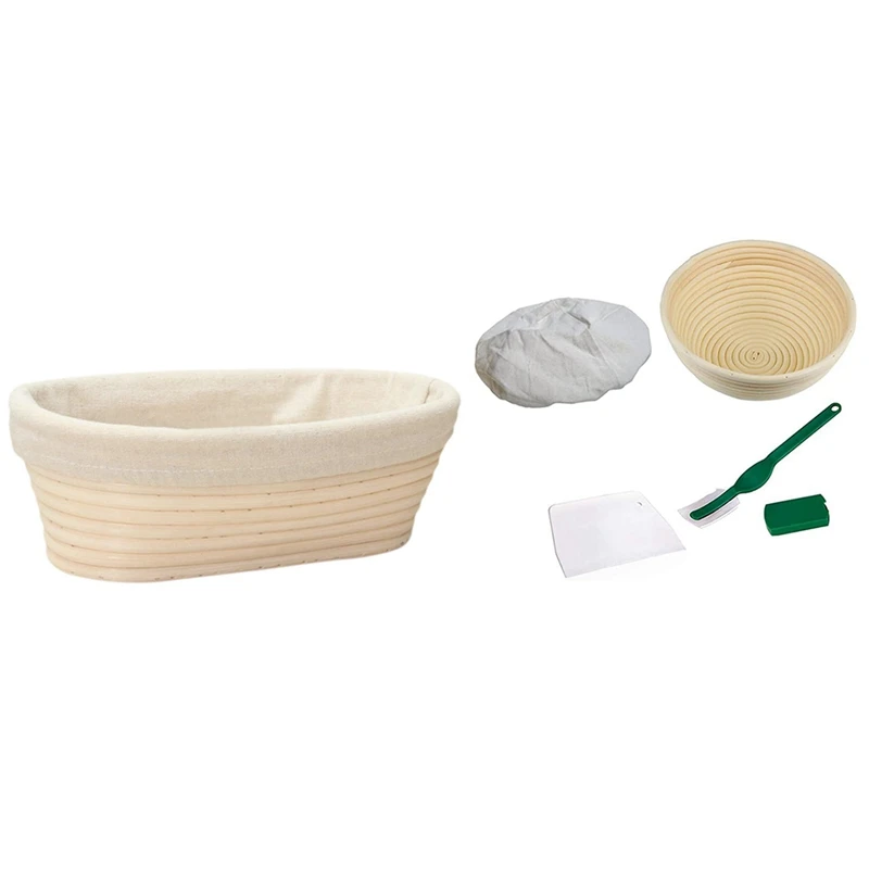 

25Cm Oval Rattan Cane Bread Proofing Linen Basket With 9 Inch Bread Proofing Basket + Dough Scraper + Linen LINER Cloth