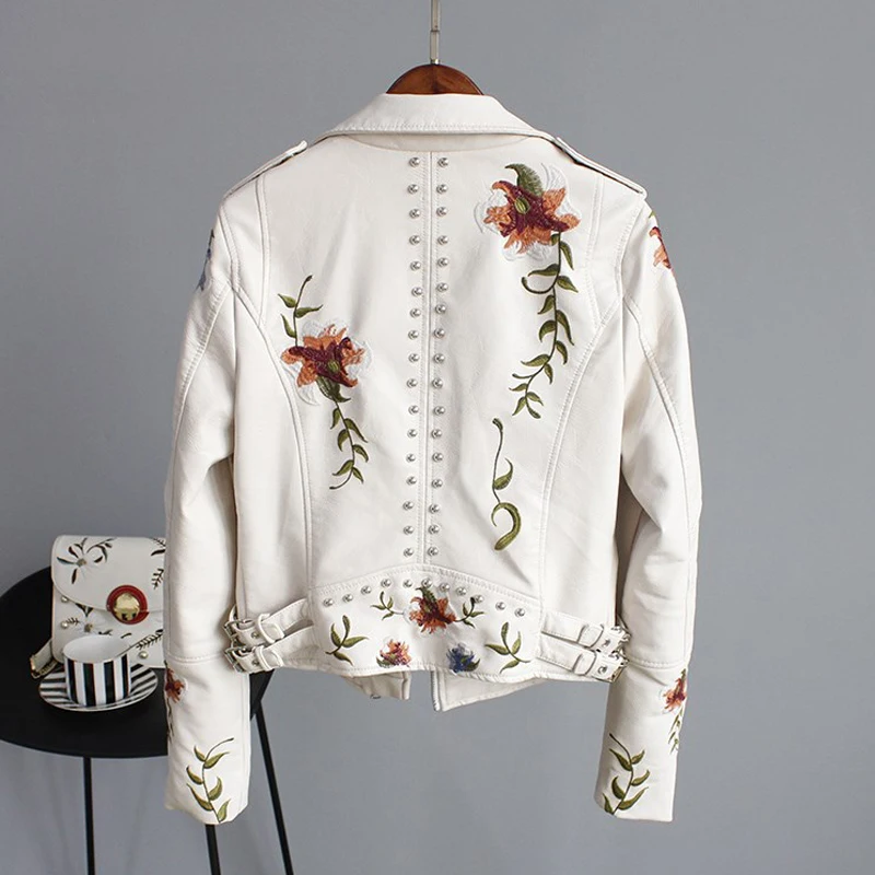 Punk Style Faux Soft Leather Jacket Women Embroidery Floral Faux Leather Jacket Pu Motorcycle Epaulet Zipper Outerwear