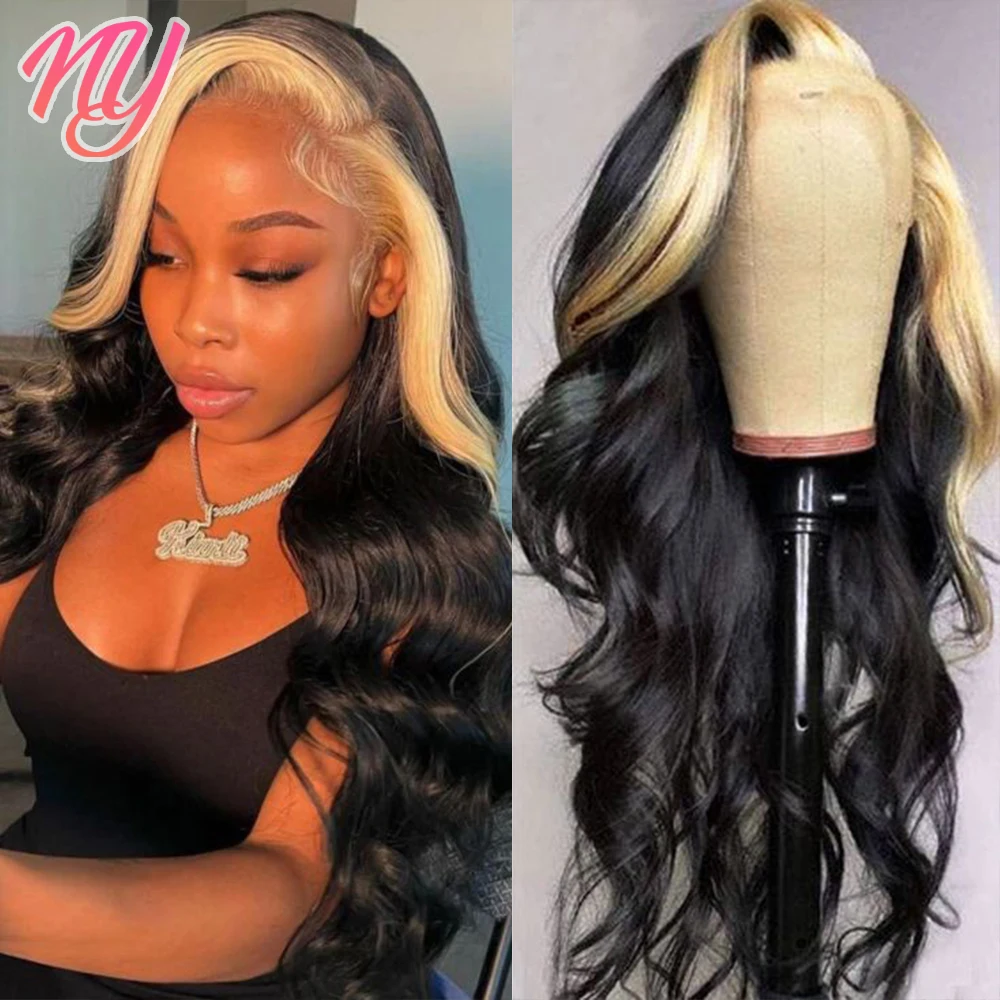 

13x4 Ombre Highlight Wig Stripe 613 Blonde Black Lace Frontal Body Wave Wig HD Lace Front Human Hair Wig PrePlucked For Women