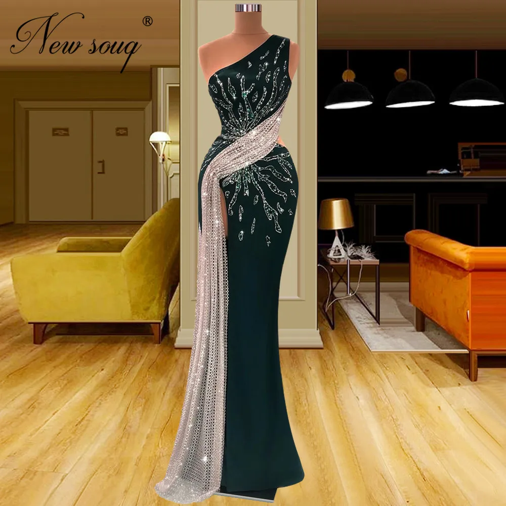 

New Fashion Green Mermaid Celebrity Dresses Vestidos De Noche Plus Size Beaded One Shoulder Evening Gowns Dubai Prom Party Dress