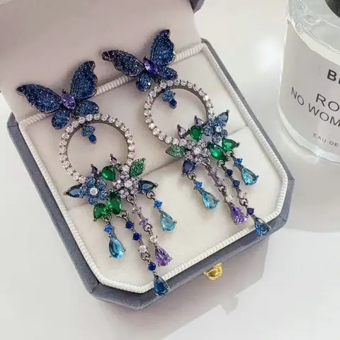 Bilincolor Винтажные женские серьги с кисточками в форме бабочки и цветка королевского синего цвета