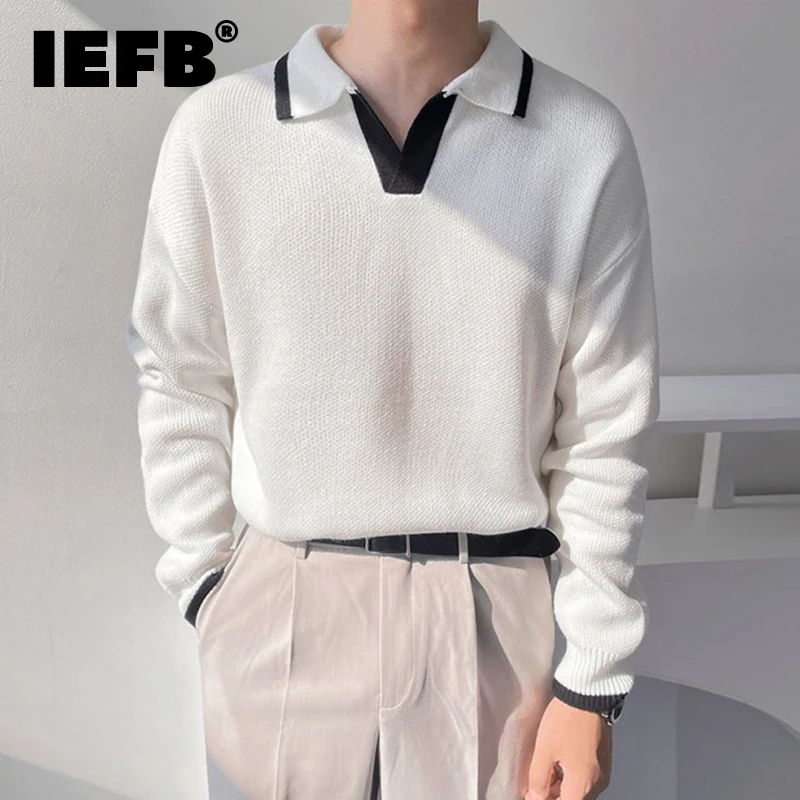 

Свитшот IEFB Мужской трикотажный, модный свитер контрастных цветов, повседневный пуловер из чистого хлопка с длинным рукавом, в Корейском стиле, на осень, 9C1659