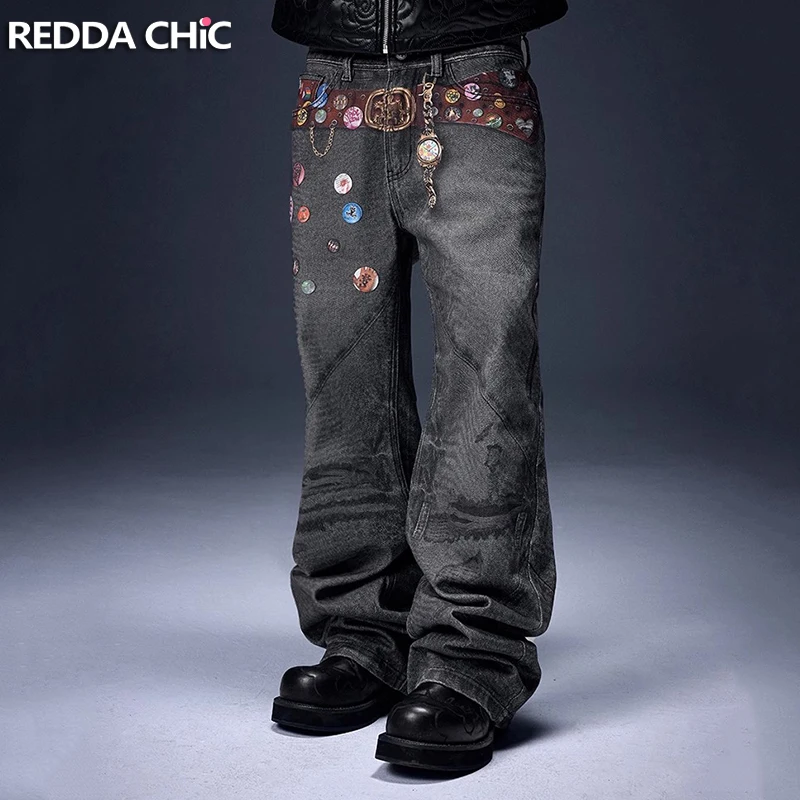 Фото REDDACHiC Мешковатые джинсы с принтом пасхальных яиц унисекс, черные потертые прямые широкие брюки с высокой талией в стиле Харадзюку, мужская уличная одежда №1