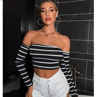 2022 women t shirt backless bandage striped long sleeved vest black white sexy straight shoulder collar pullover ls048