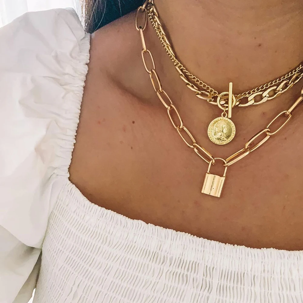 

Женское винтажное ожерелье с подвеской IFKM, монета с портретом, толстая цепь золотого цвета вечерние ринки, свадьбы, массивное ожерелье с зам...