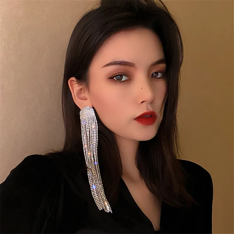 

FYUAN Long Tassel Full Rhinestone Drop Earrings for Women Ovsize Crystal Dangle Earrings Fashion Jewelry Accessories