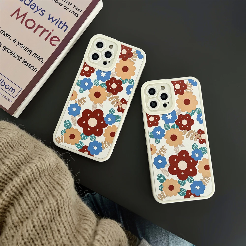 

Fashion Leather Original Aesthetic Flowers Case For Iphone 13 Pro 12 11 X Xr Xs Max Grils Women Creative Soft Sillicone Cover