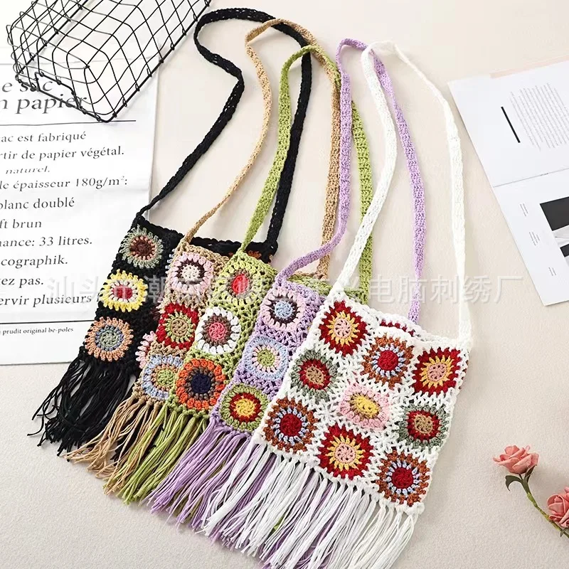 

Crochet Shoulder Bag Bohemian Casual Ethnic Style Hollow Out Knitting Handbag Tassel Tote Purse for Summer Travel