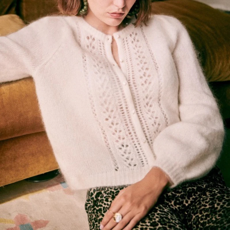 

2022 New Ladies Hollow Hook Flower O-Neck Sweater Cardigan Mohair Blended Women's Vintage Loose Single breasted Knitwear
