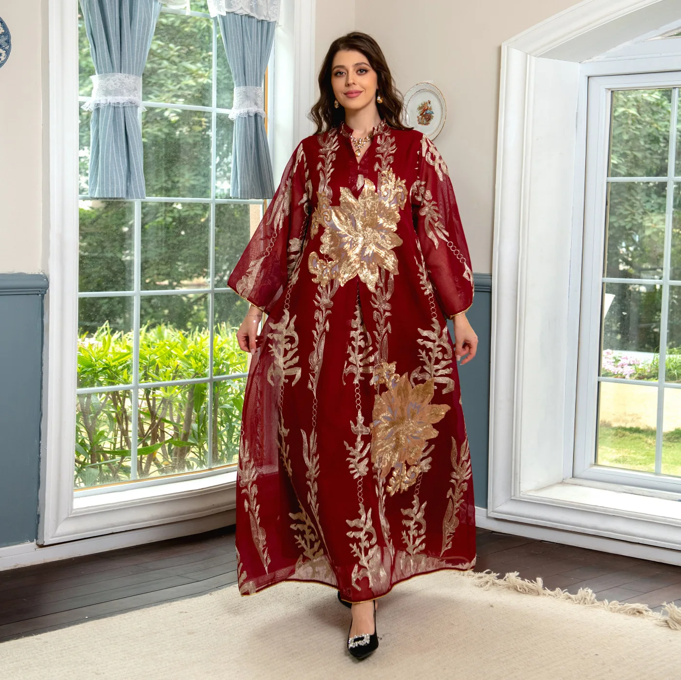 

Jalabiya Moroccan Kaftan Sequins Embroidered Abaya Dress for Women Turkey Arabic Dresses Islamic Ethnic Robe Ramadan Eid Clothes