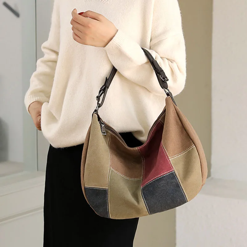 

Casual Versatile Commuter Women's Handbag Large Capacity Canvas Shoulder Bag Fashionable Retro Spliced Crossbody Bags for Woman