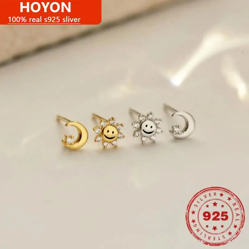 

HOYON silver 925 real 100% Small Sun Moon Smiley Stud Earrings Cute Asymmetric Earrings New Simple For Mom and Daughter