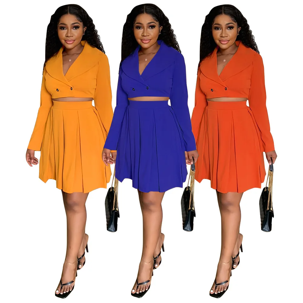 

Y8545 European and American women's V-neck cropped navel small suit top solid color high waist A-line skirt fashion two-piece se