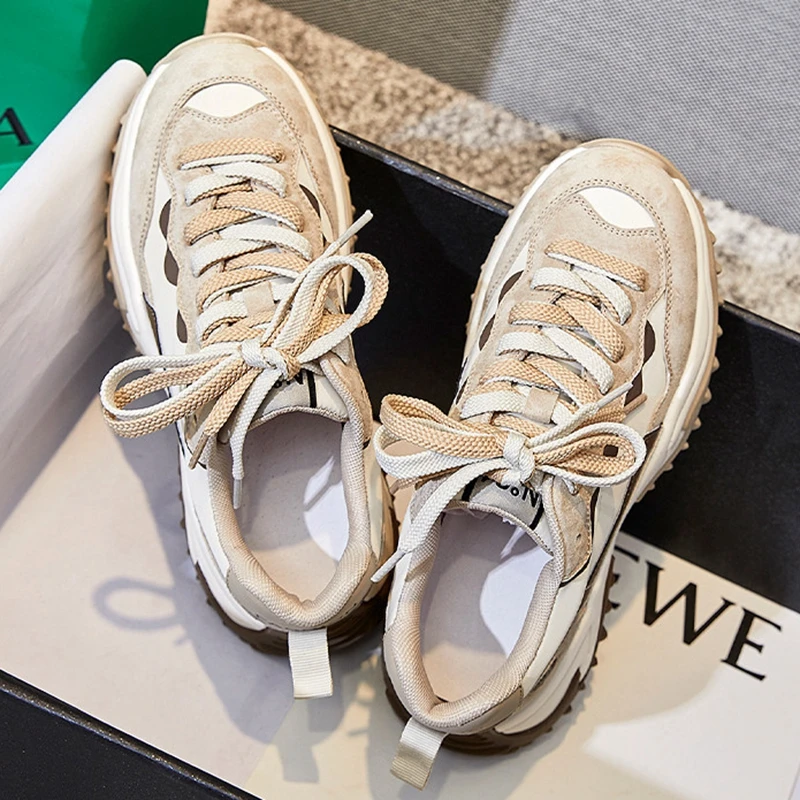 Autuspin Women's Spring Sport Shoes Genuine Leather Platform Vulcanized Sneakers Female Outdoor Lace Up Retro Casual Shoes Woman