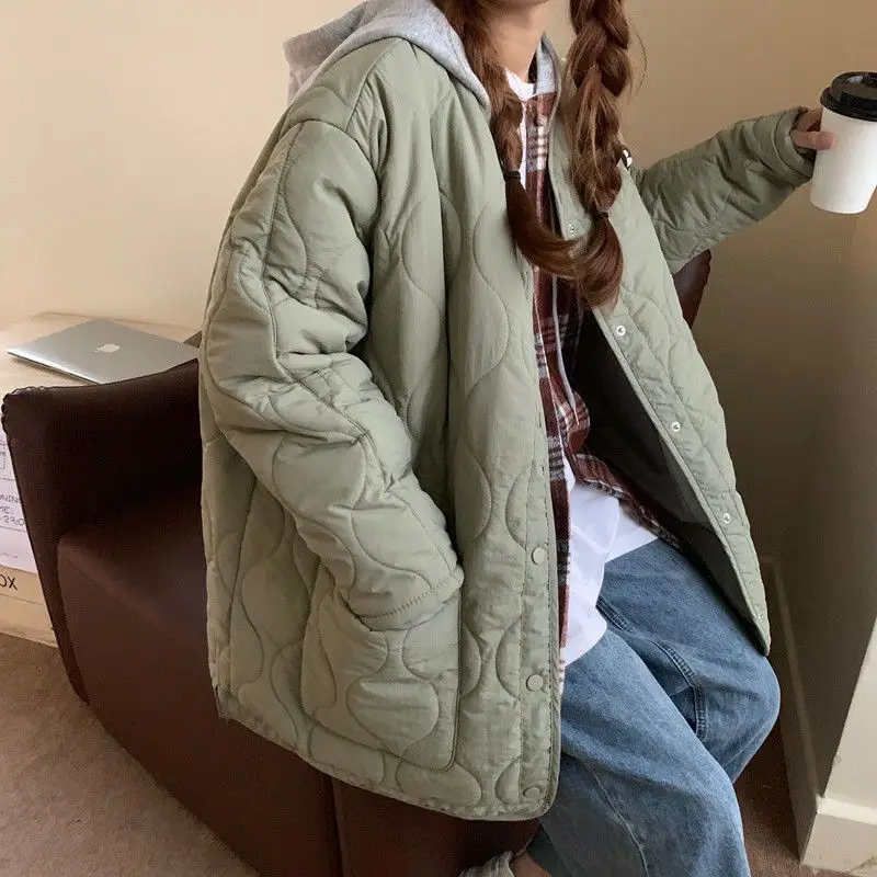 Clothes Korean Cotton-padded Jacket Women Winter O-neck Thicken Down Coat Female Loose Diamond Solid Casual Streetwear Parkas