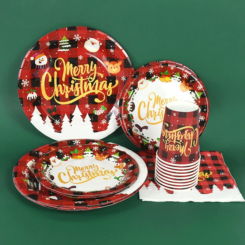 

Merry Christmas Disposable Tableware Xmas Party Table Ornaments DIY Printed Paper Plates Cups Napkins New Year Navidad Natal