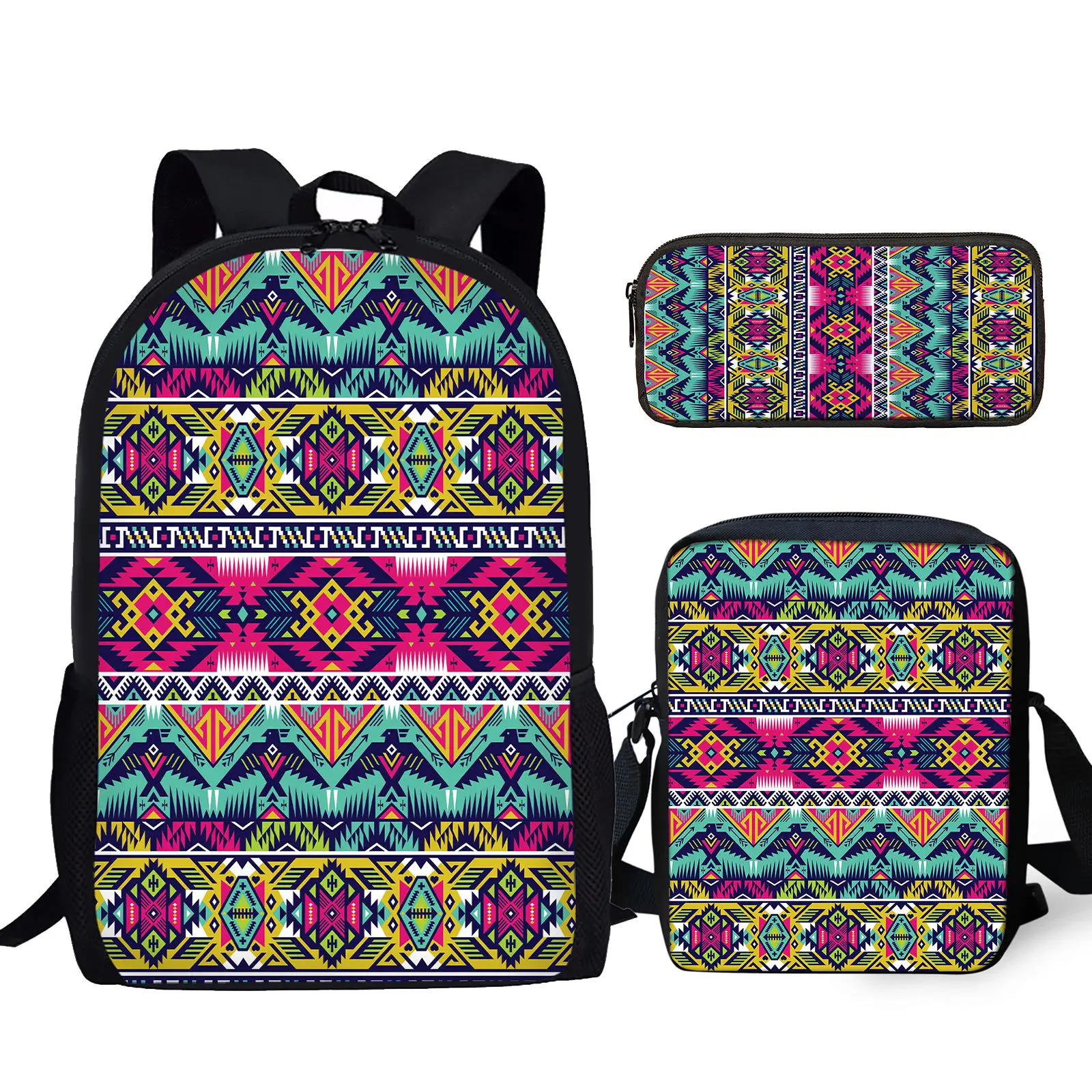 

YIKELUO American Tribal Print Durable Brand Backpack 3pcs Student Back To School Gift Bag Messenger Bag Pencil Case With Zipper