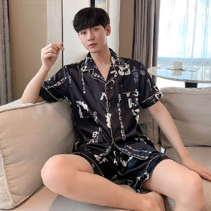 Пижамный комплект мужской с эластичным поясом шелковая одежда для сна коротким