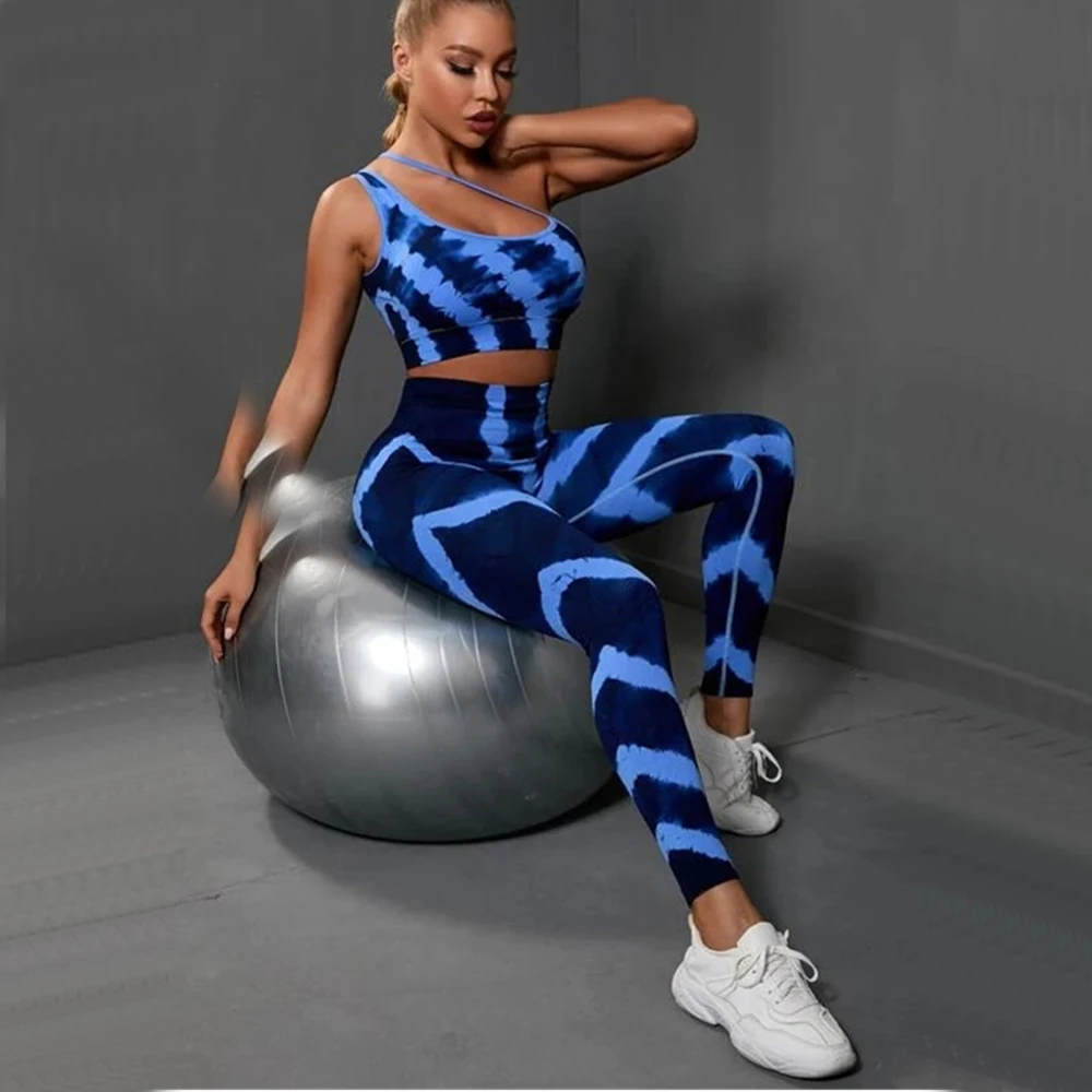 

One Shoulder Women's Yoga Set Tracksuit Female Clothing tie-dye Sportswear High Waist Athletic Leggings Workout Bra Tight Suits