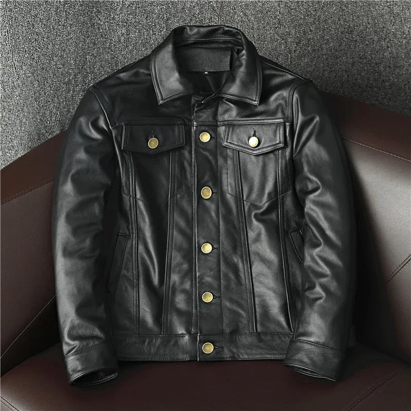 

Brand New Genuine Leather Jacket Men Black Casual Slim Cowhide Coat Vintage Motorcycle Veste Cuir Homme Spring Autumn