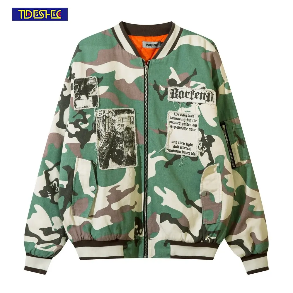 

Hip Hop Streetwear Men Vintage Camouflage Applique Embroidery Bomber Jacket Punk Gothic Varsity Jacket Men Baseball Coat Mens