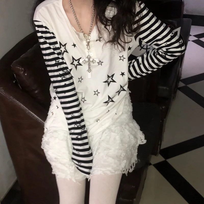 

Топ женский с круглым вырезом, шикарная рубашка в полоску, на пуговицах, с длинным рукавом, с принтом звезд, в японском стиле Харадзюку, в стиле панк, Y2k