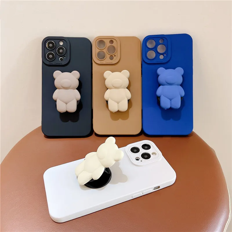Cartoon Bear Holder Stand Phone Case For iphone 14 pro max Soft Silicone Cover ip 13 pro max 12 11 X S Max XR 7 8 PLUS SE 2020