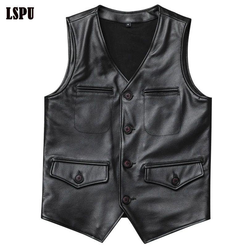 

Genuine Leather Vest Moto Biker Top Gun Fashion Clothes Spring Autumn Luxury Cowhide Cow Leather Men Vest Chalecos Para Hombre