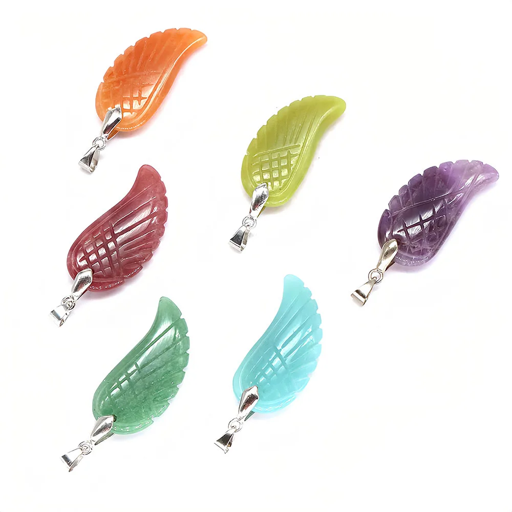 35mm Angel Wing Pendant Natural Stone Amethyst Pink Quartz Reiki Healing Crystal DIY Necklace Fashion Gemstone Jewelry Love Gift