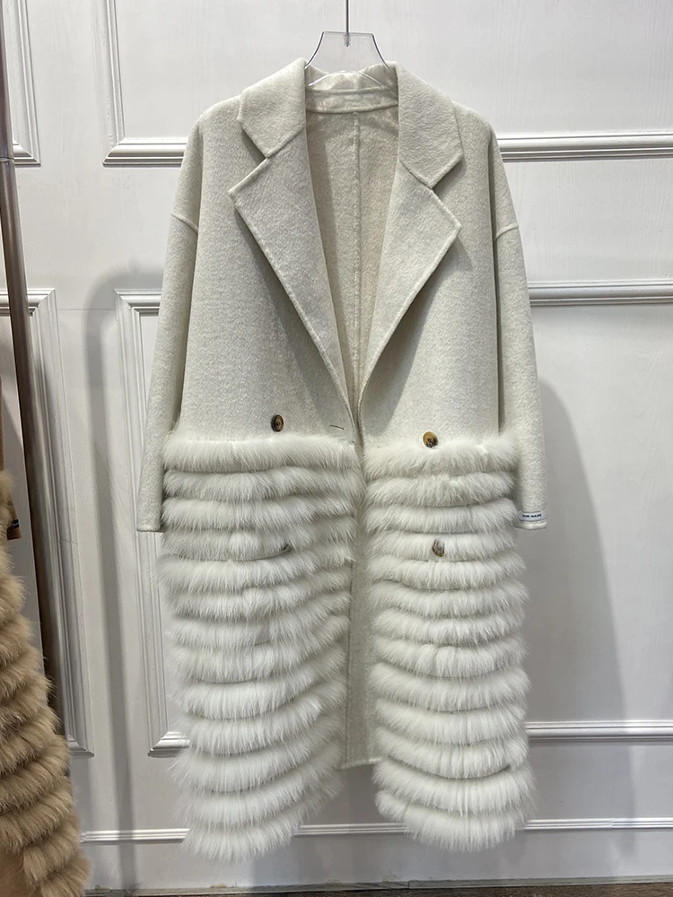 Роскошное Женское зимнее теплое шерстяное пальто из натурального Лисьего меха