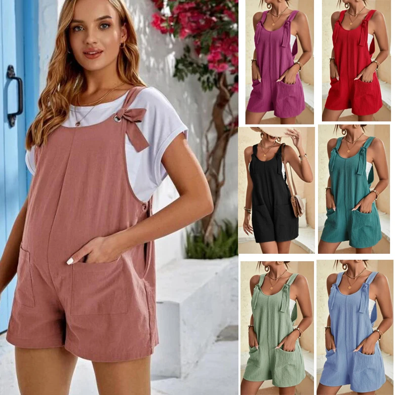 

Maternity Knot Front Dual Pocket Overall Romper Adjustable Straps Summer Casual Suspender Shorts Jumpsuit
