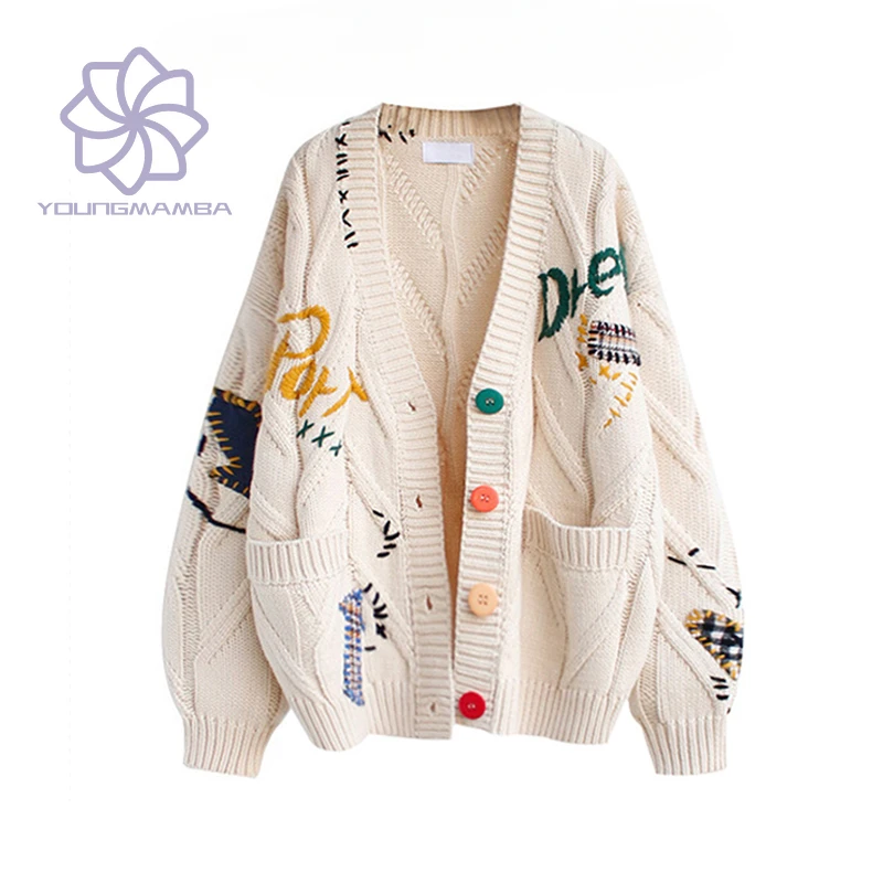 

Korean Style Fashion 2023 Autumn Winter Embroidered Knitted Cardigan Women Loose Long Sleeve Sweaters Female Casual Coats