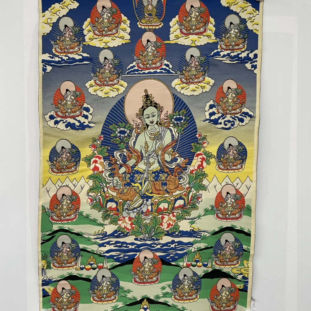 

35" Thangka embroidery Tibetan Buddhism silk brocade high definition Seikos white tara Ten Thousand Buddhas thangka