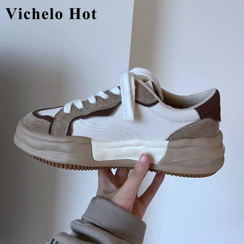 

Vichelo Hot cow suede round toe thick bottom mixed colors young lady streetwear fashion leisure non-slip vulcanized shoes l39