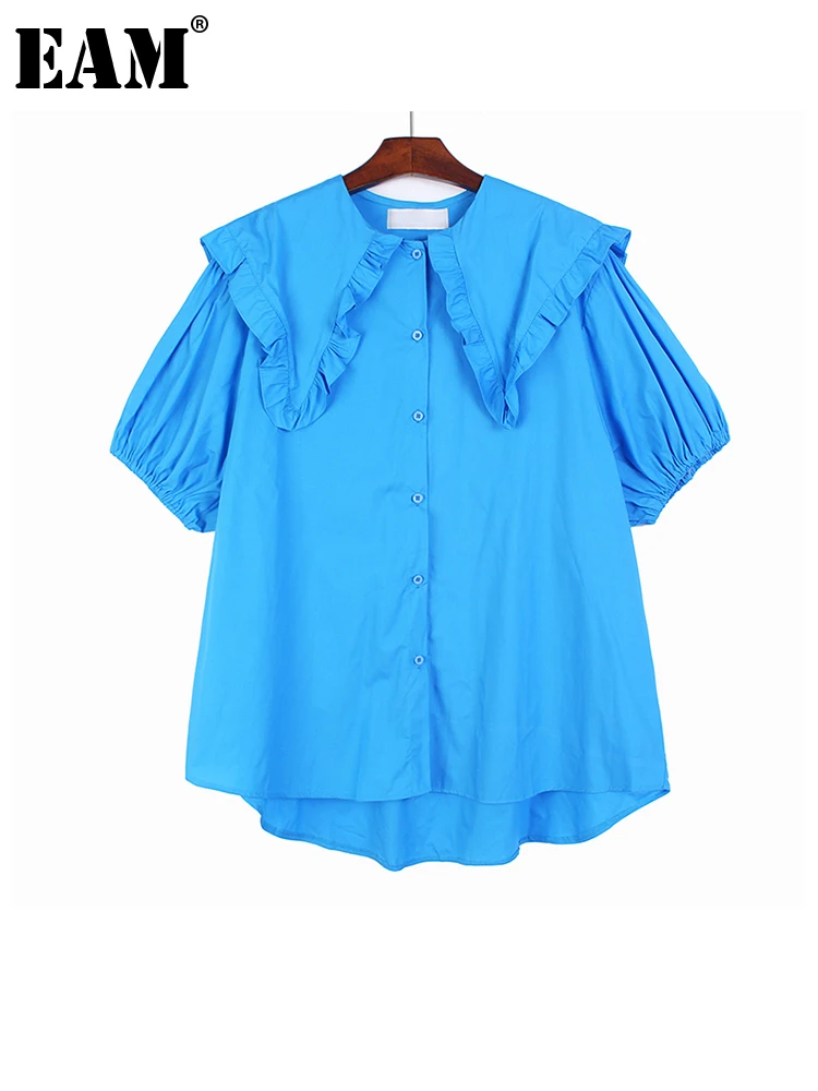 

[EAM] Women Green Elegant Big Size Blouse New Peter Pan Collar Half Sleeve Loose Fit Shirt Fashion Spring Summer 2022 1DE9768