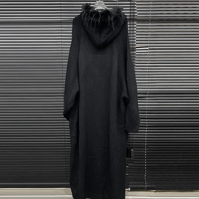 KBQ однотонный лоскутный вязаный свитер с перьями для женщин однобортный длинный