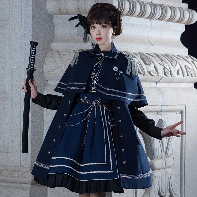 

Lolita Dresses Women Jumper Skirt Girls Gothic Cloak Blue Military Dress Winter Jk Uniform Japanese Harajuku Cosplay Dress