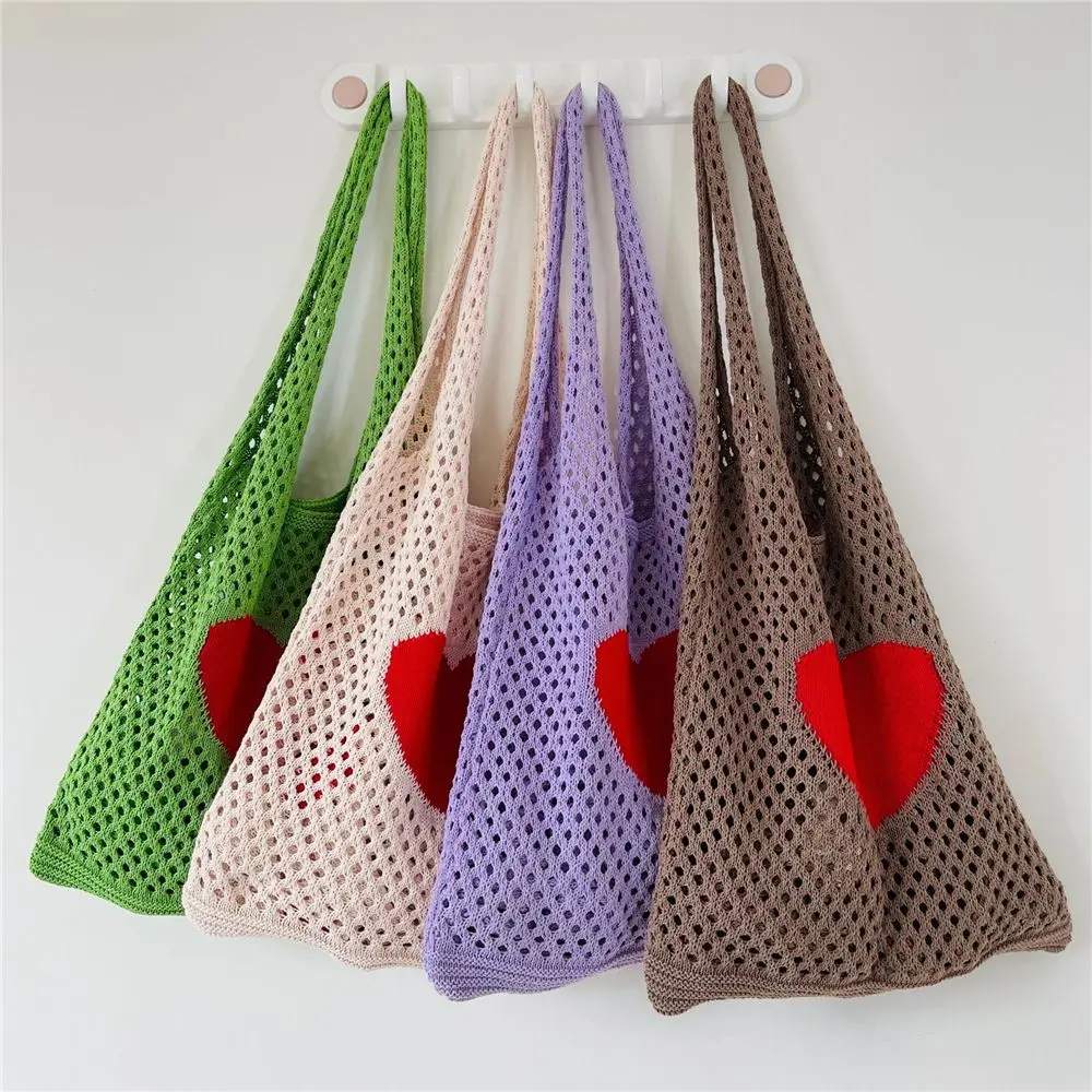 

Сказочная Женская эстетичная Сумка-тоут в стиле хиппи, вязаная крючком пляжная сумка Феи гранж, вязаная сумка-тоут с рисунком сердца для жен...