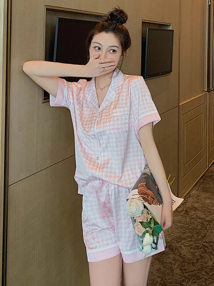 WAVMIT Short Sleeve Pajamas Set Satin 2Pcs Women Sleepwear Shirt Button Polyester Nightwear for Women Short Top Pant Homewear