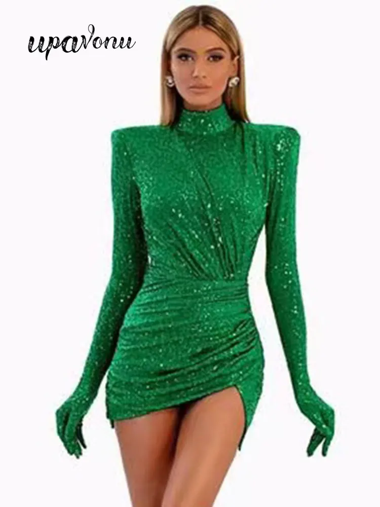 Sexy Sequin Patchwork Velvet Dress Women'S Stand-Up Collar Gloves Long Sleeve Bodycon Draped Mini Dresses Evening Party Vestidos