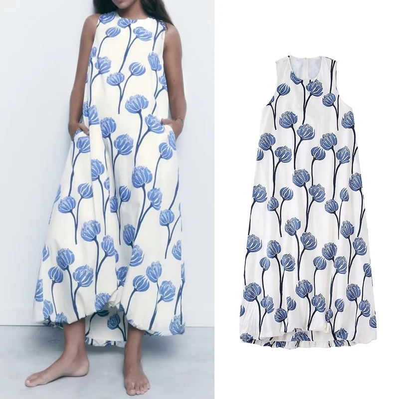 

Лето 2022, женское модное платье на бретелях с принтом, с круглым вырезом, без рукавов, женское пляжное платье миди, платья HH6945