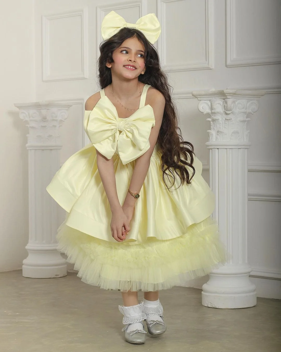 Yelowe атласное платье с цветочным узором для девочек тюлевое рюшами и бантом без
