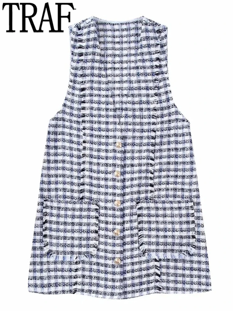 

Женское твидовое короткое платье без рукавов, с карманами