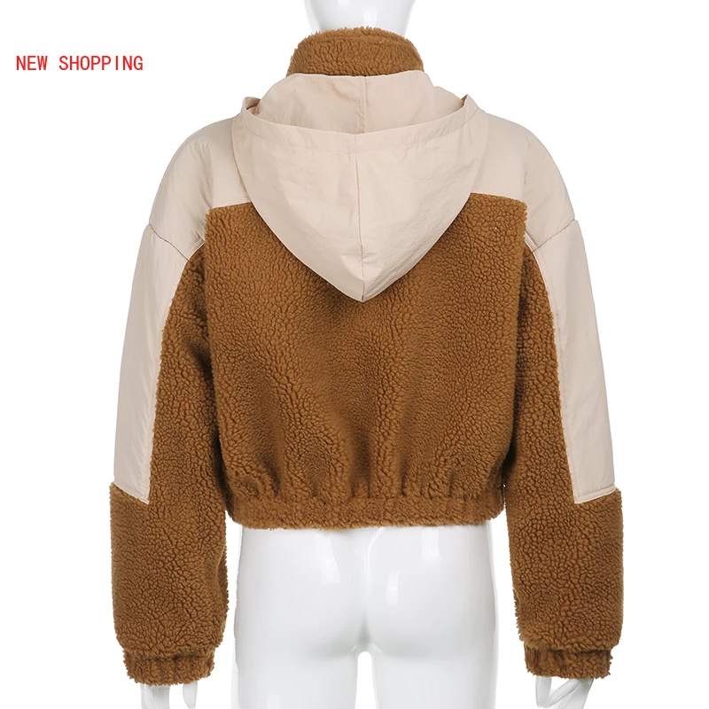 Winter Thick Warm Cotton Coats Patchwork Teddy Bubble Parkas Women Brown Outwear Fur Trim Hooded Faux Fur Coats Bomber Jacket