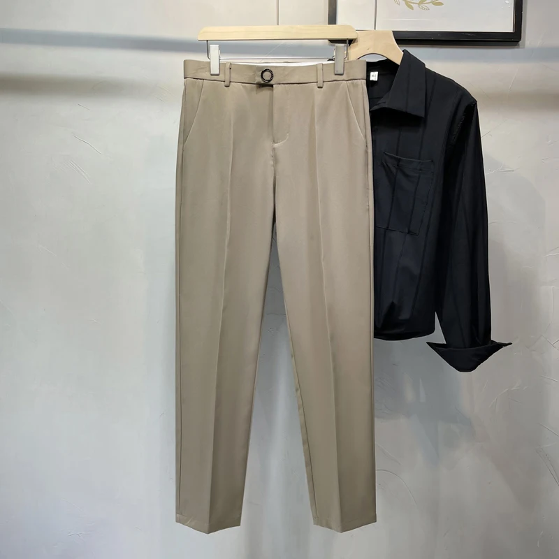 

Брюки мужские Стрейчевые до щиколотки, деловые облегающие тонкие брюки с поясом на резинке, одежда в Корейском стиле, весна-лето