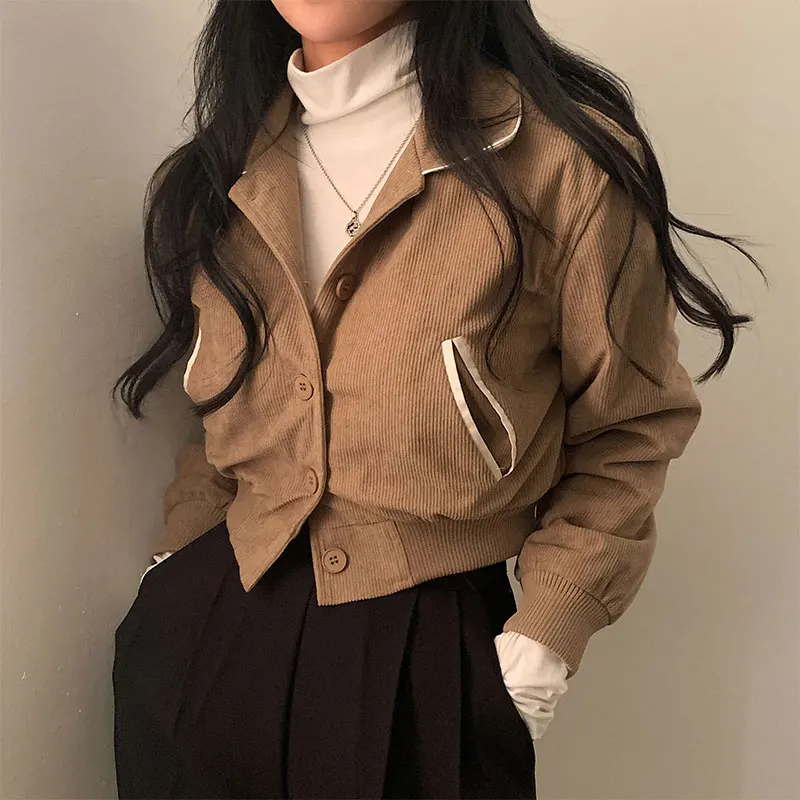 

Vintage Corduroy Thickened Loose Coat Woman Turn Down Collar Long Sleeve Quilted Coats Women Single-breasted Top Dropshipping