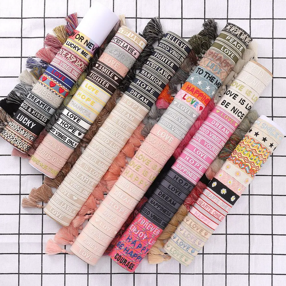 

Bohemia Embroidery Letters Woven Tassel Bracelet For Women Handmade Adjustable Rope Braided Bracelet Retro Fashion Jewelry Gift